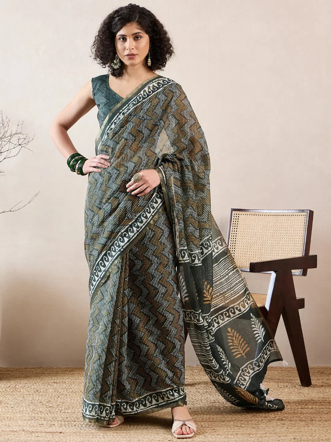 Green Linen Saree - Designer Sarees India & Geometric Print