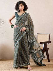 Women Green Linen Geometric Printed Saree-VFSAR1018