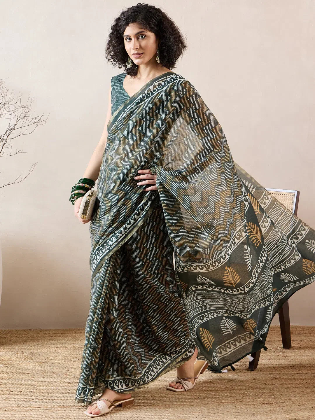 Green Linen Saree - Designer Sarees India & Geometric Print