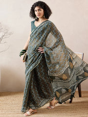 Women Green Linen Geometric Printed Saree-VFSAR1018