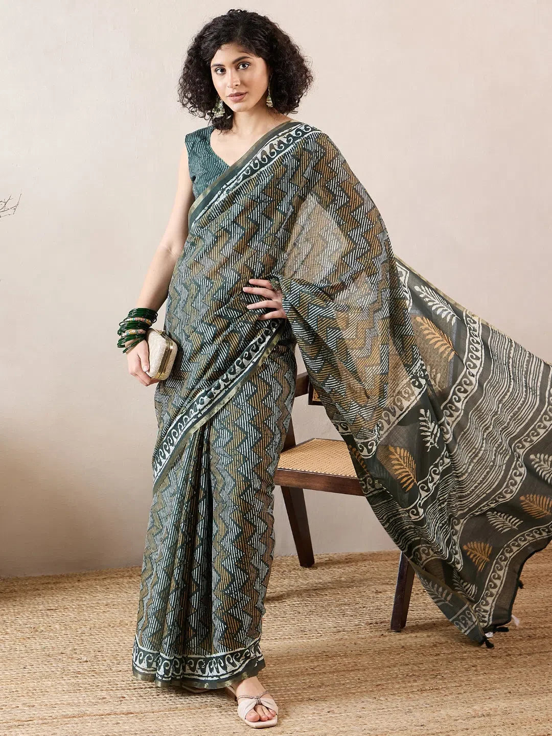 Green Linen Saree - Designer Sarees India & Geometric Print