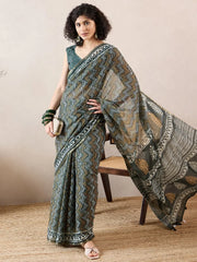 Women Green Linen Geometric Printed Saree-VFSAR1018