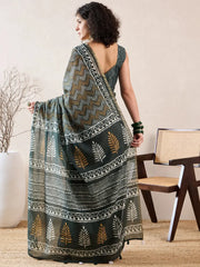 Women Green Linen Geometric Printed Saree-VFSAR1018