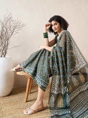 Women Green Linen Geometric Printed Saree-VFSAR1018