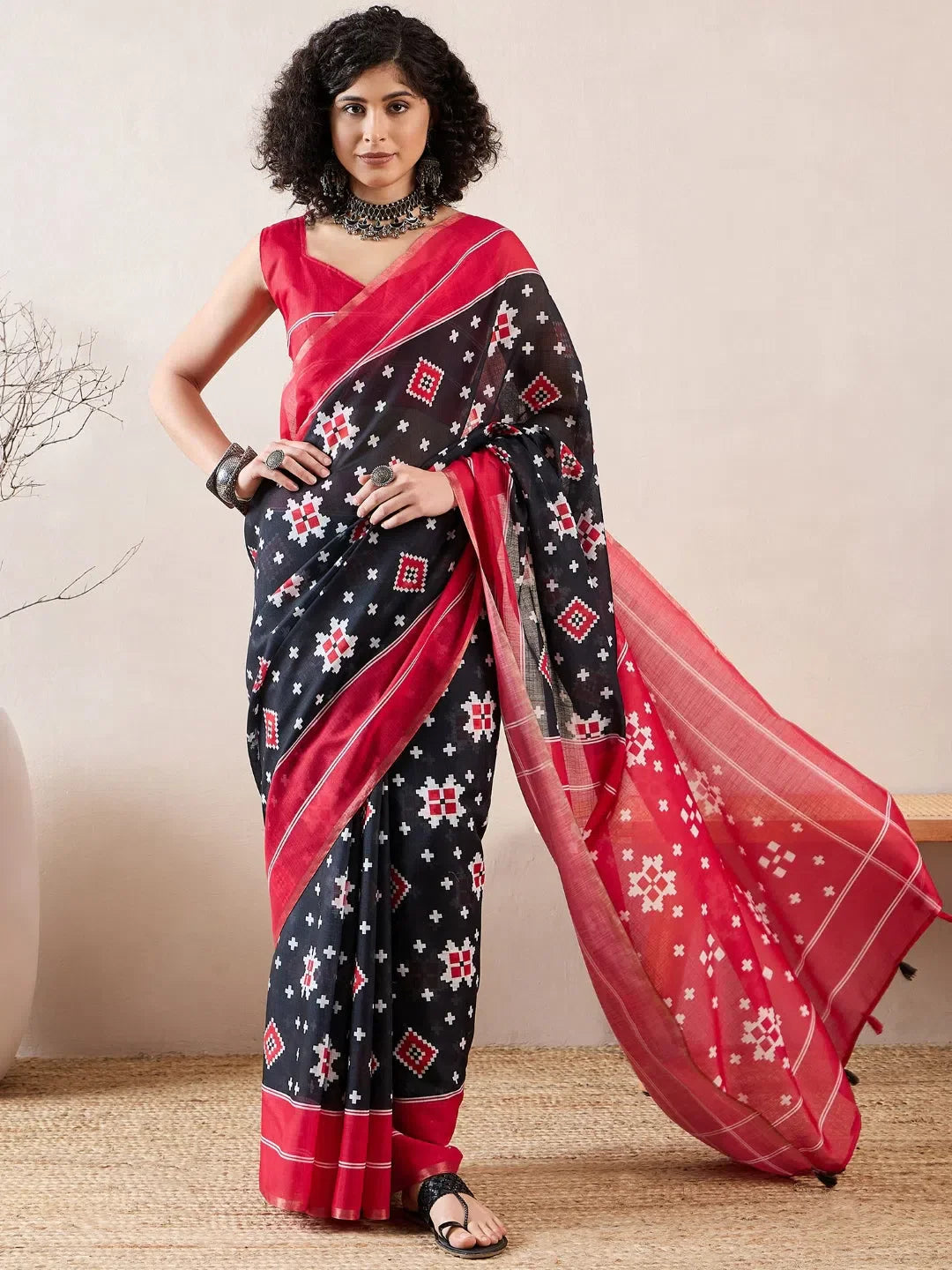 Black Linen Geometric Saree | Designer Sarees India