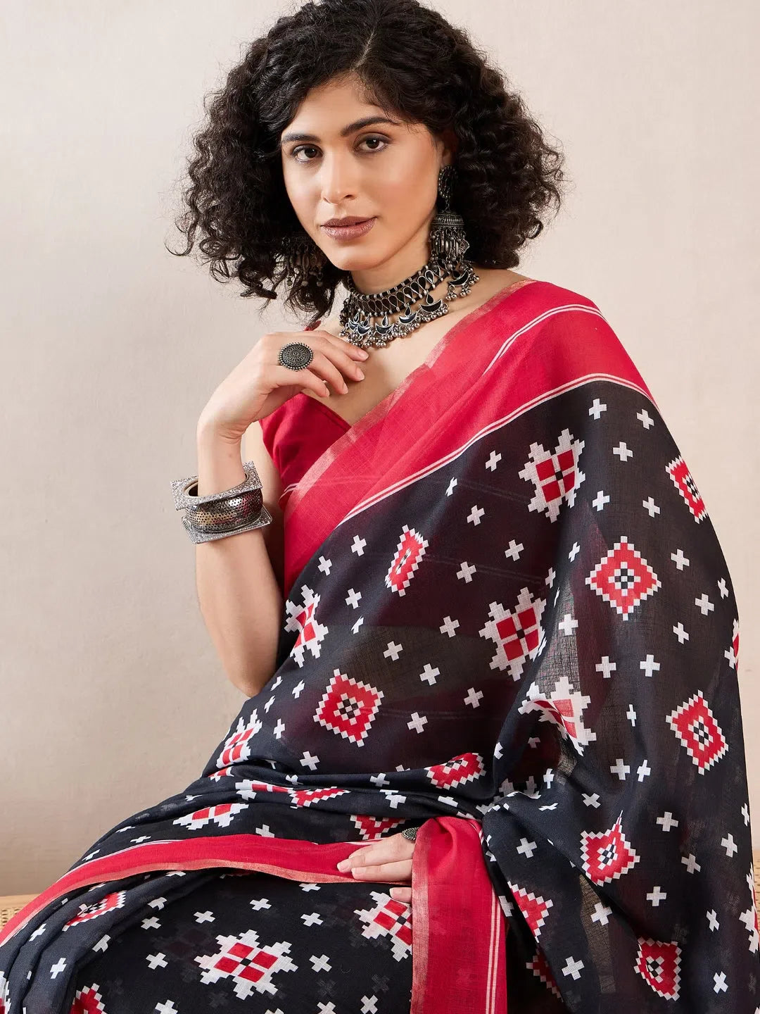 Black Linen Geometric Saree | Designer Sarees India