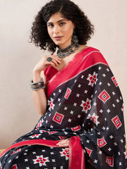 Women Black Linen Geometric Printed Saree-VFSAR1024