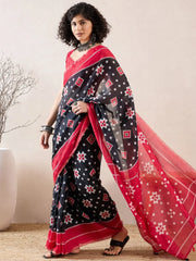 Women Black Linen Geometric Printed Saree-VFSAR1024