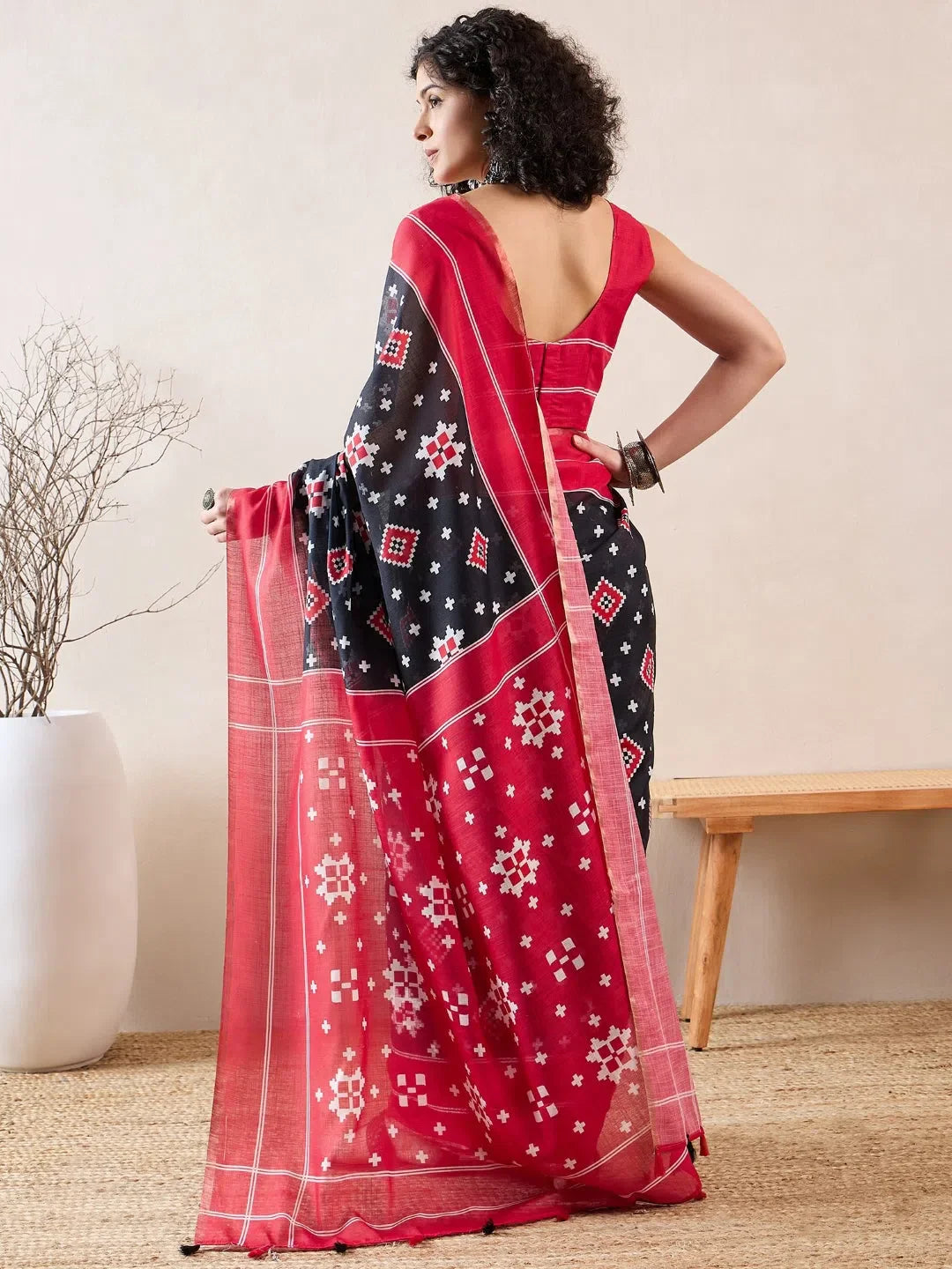 Black Linen Geometric Saree | Designer Sarees India