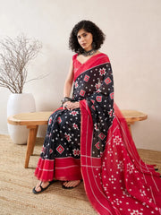 Women Black Linen Geometric Printed Saree-VFSAR1024