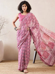 Women Pink Linen Floral Printed Saree-VFSAR1025