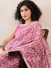 Women Pink Linen Floral Printed Saree-VFSAR1025