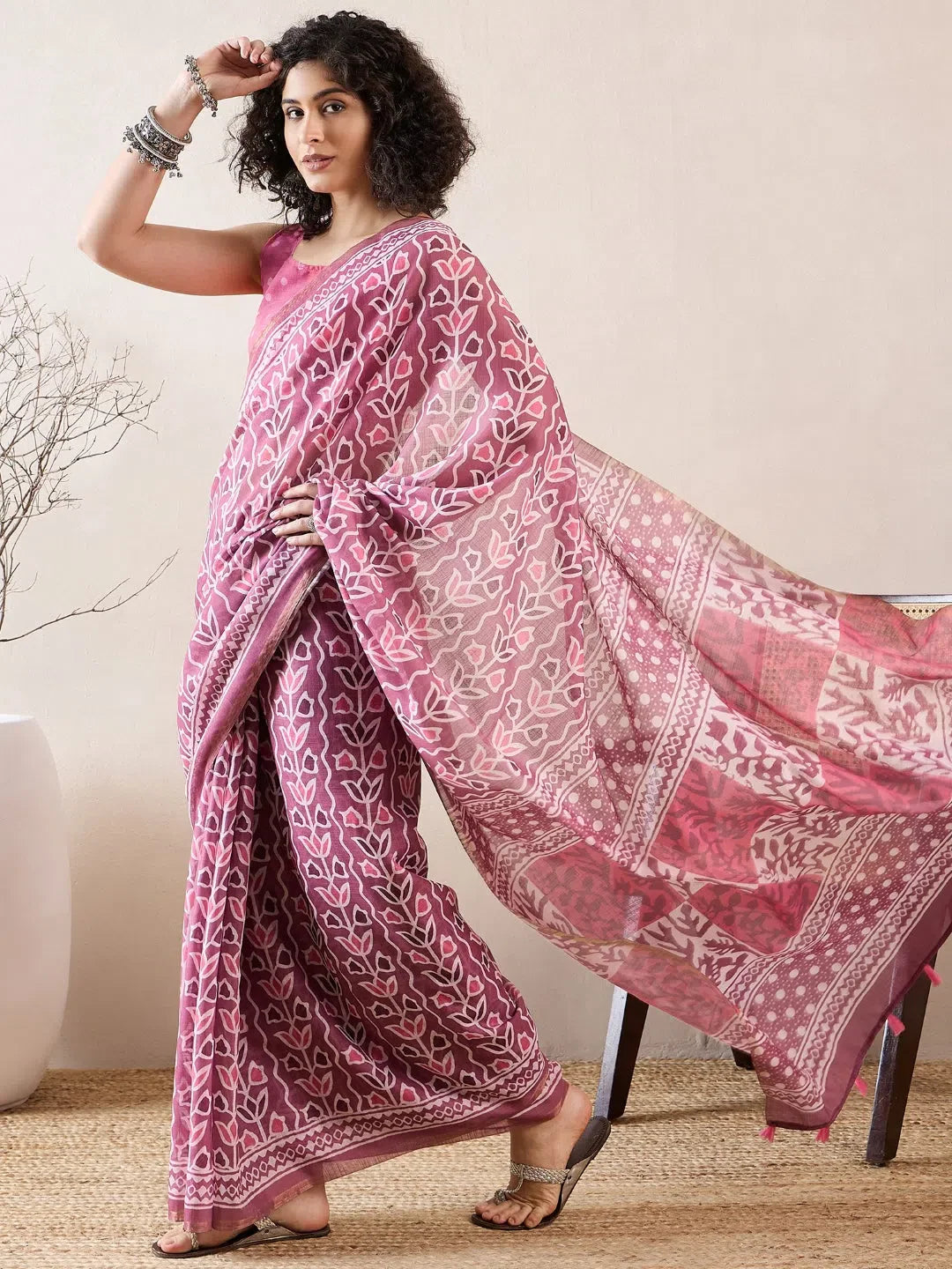 Pink Linen Floral Saree - Indian Sari Elegance