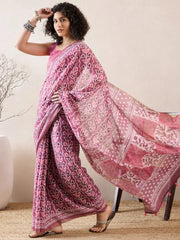 Women Pink Linen Floral Printed Saree-VFSAR1025