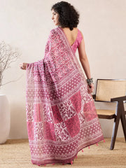 Women Pink Linen Floral Printed Saree-VFSAR1025