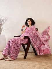 Women Pink Linen Floral Printed Saree-VFSAR1025
