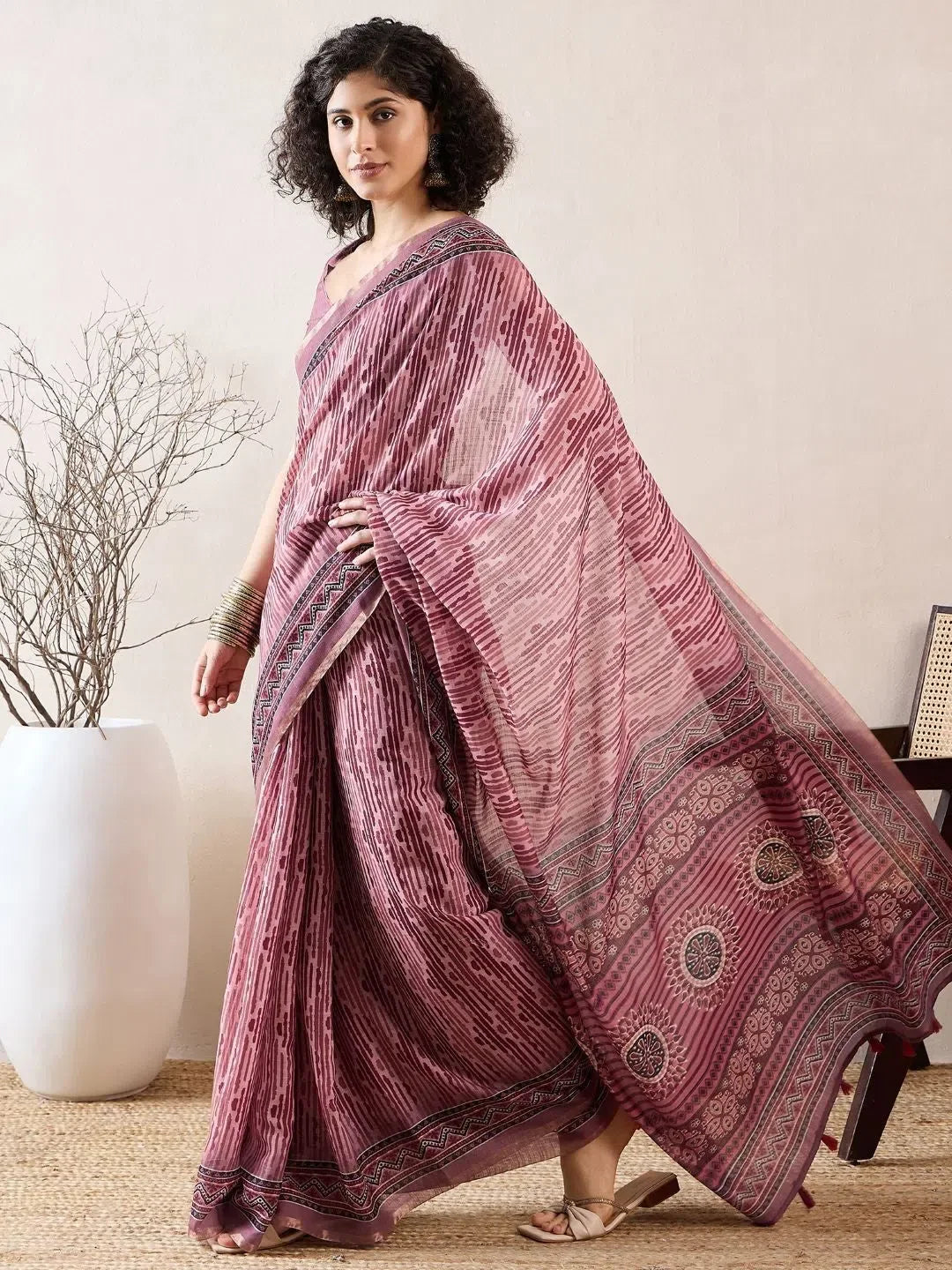 Mauve Linen Geometric Saree | Designer Sarees India