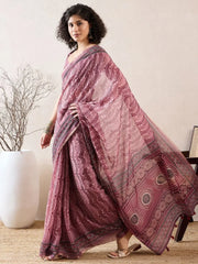 Women Mauve Linen Geometric Printed Saree-VFSAR1031