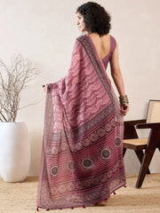 Women Mauve Linen Geometric Printed Saree-VFSAR1031