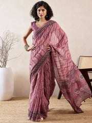 Women Mauve Linen Geometric Printed Saree-VFSAR1031