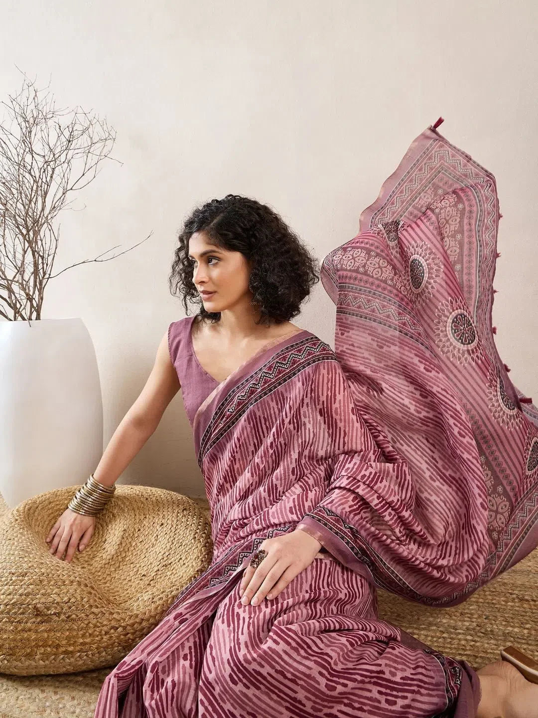 Mauve Linen Geometric Saree | Designer Sarees India