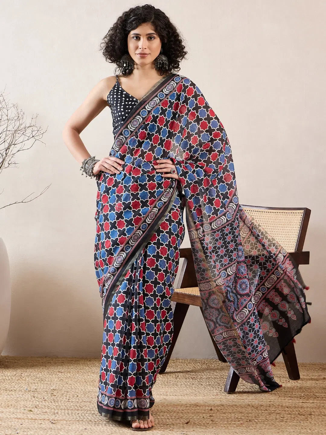 Black Linen Ajrak Saree - Indian Sarees Online