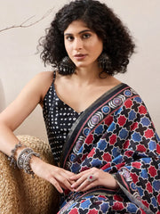 Women Black Linen Ajrak Printed Saree-VFSAR1035