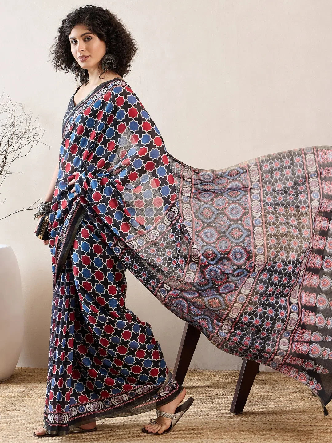Black Linen Ajrak Saree - Indian Sarees Online