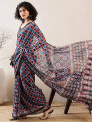 Women Black Linen Ajrak Printed Saree-VFSAR1035