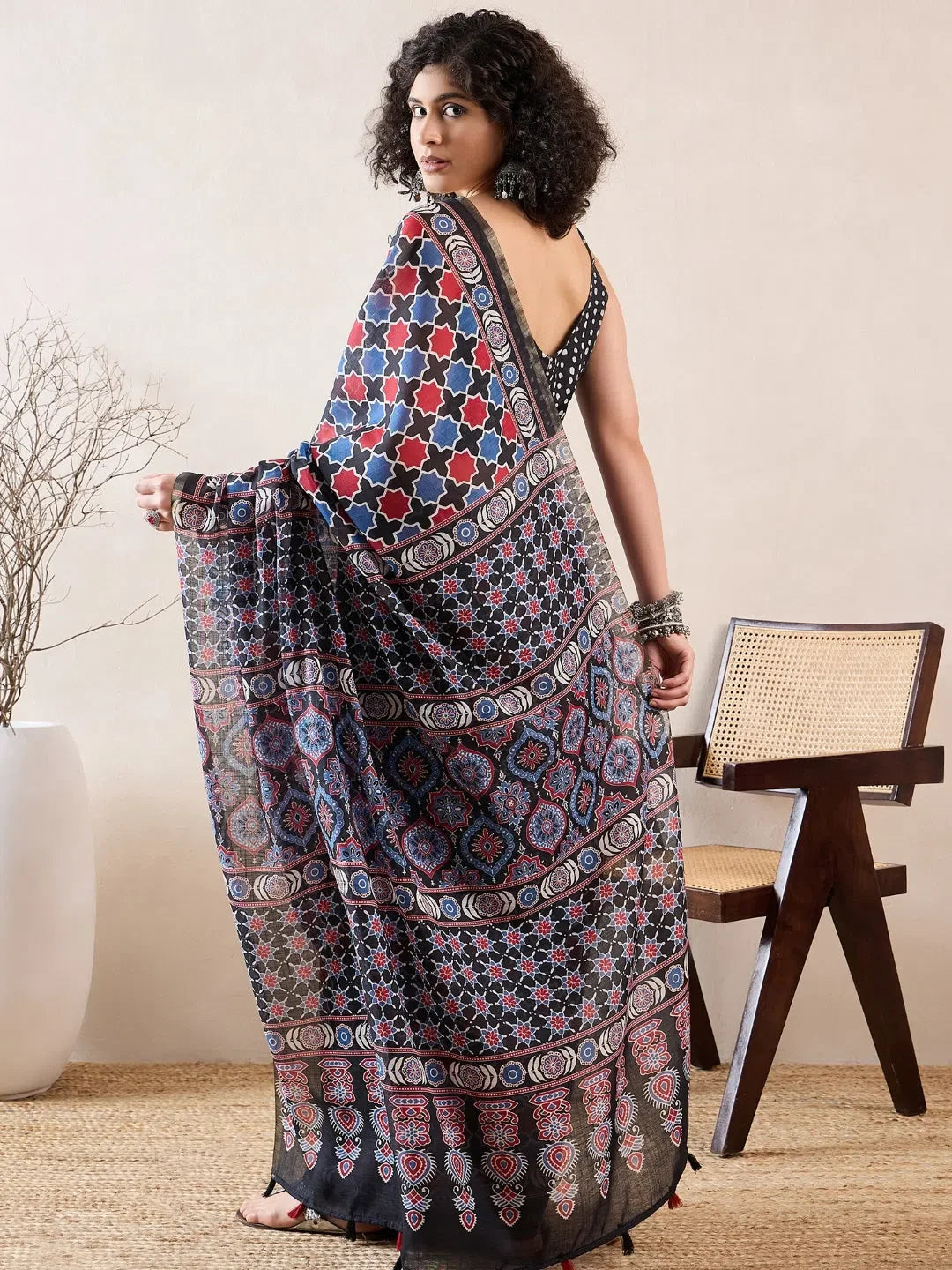 Black Linen Ajrak Saree - Indian Sarees Online
