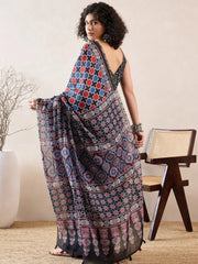 Women Black Linen Ajrak Printed Saree-VFSAR1035