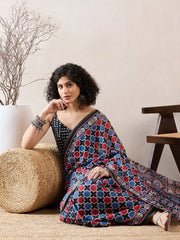 Women Black Linen Ajrak Printed Saree-VFSAR1035