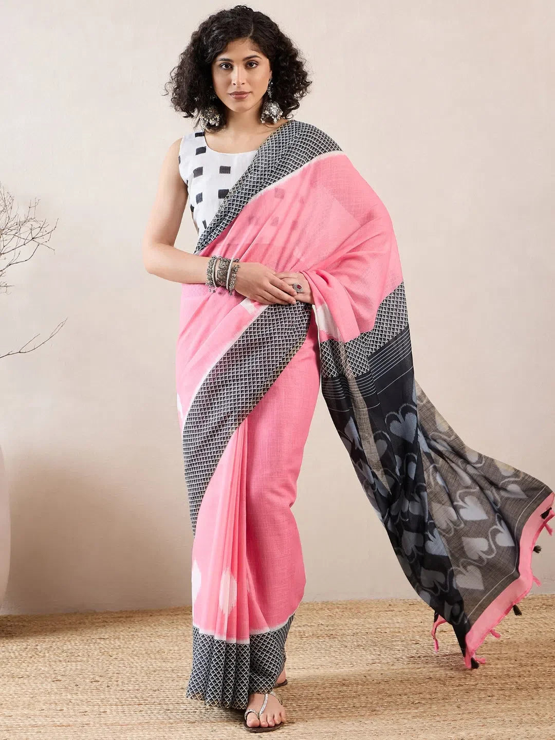 Pink Linen Geometric Saree | Designer Sarees India