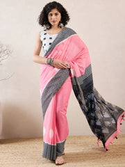 Women Pink Linen Geometric Printed Saree-VFSAR1037