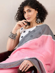 Women Pink Linen Geometric Printed Saree-VFSAR1037
