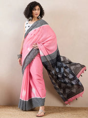 Women Pink Linen Geometric Printed Saree-VFSAR1037