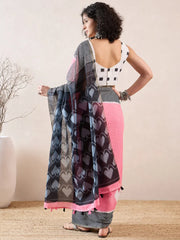 Women Pink Linen Geometric Printed Saree-VFSAR1037