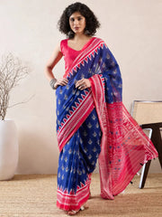 Women Blue Linen Pochampally Printed Saree-VFSAR1039