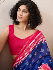 Women Blue Linen Pochampally Printed Saree-VFSAR1039
