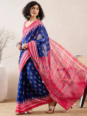 Women Blue Linen Pochampally Printed Saree-VFSAR1039