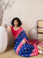 Women Blue Linen Pochampally Printed Saree-VFSAR1039
