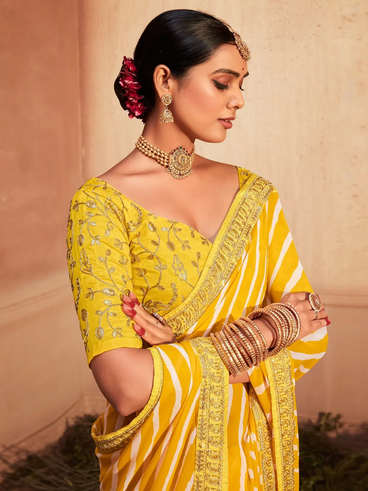 Women's Georgette Yellow Zari Embroidered Designer Saree With Blouse Piece-VIHANA1034