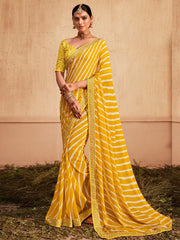 Women's Georgette Yellow Zari Embroidered Designer Saree With Blouse Piece-VIHANA1034