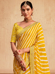 Women's Georgette Yellow Zari Embroidered Designer Saree With Blouse Piece-VIHANA1034