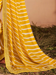 Women's Georgette Yellow Zari Embroidered Designer Saree With Blouse Piece-VIHANA1034
