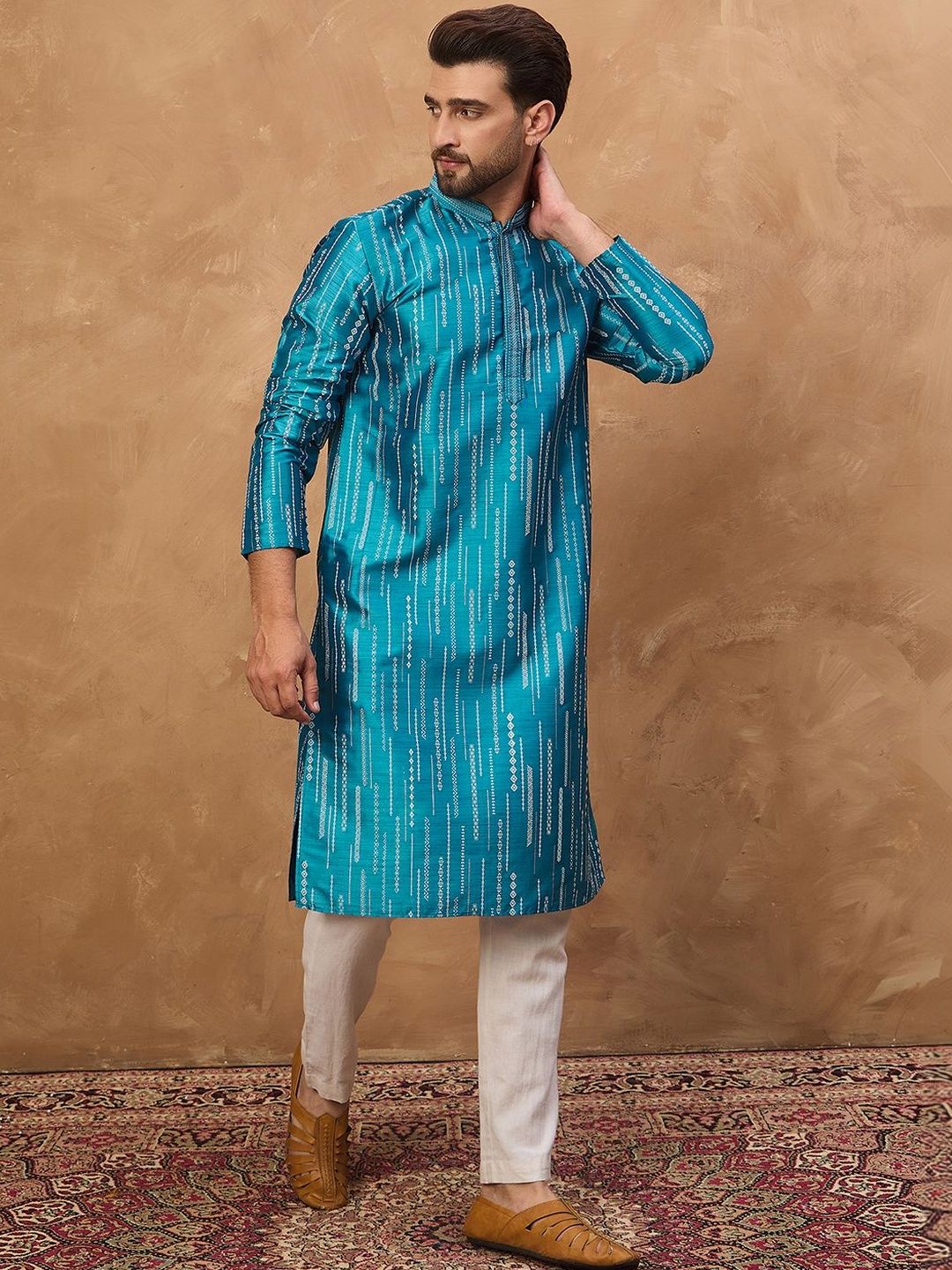 Ethnic Bay Men Blue Silk Blend Geometric Printed Straight Kurta With Pant Set-MKSET1519