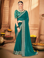 Women's Georgette Blue Embellished Designer Saree With Blouse Piece-VIRAT106