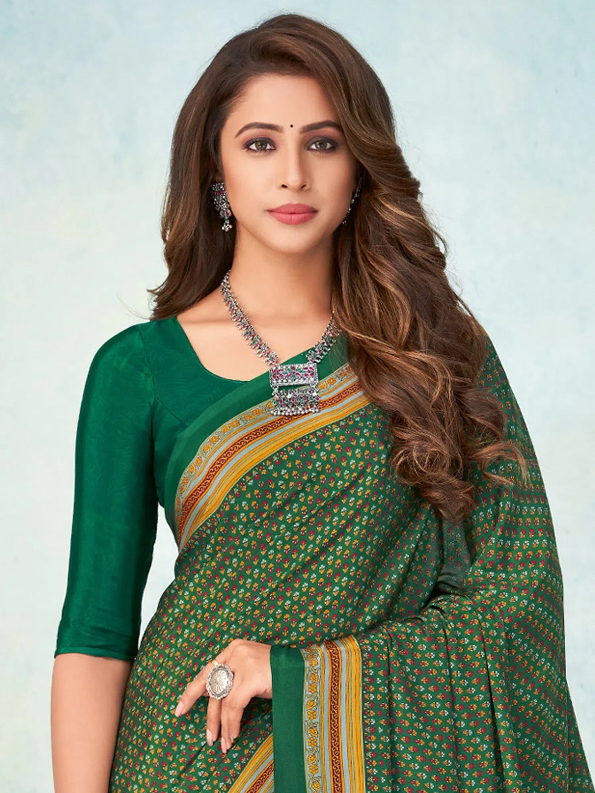 Women's Crepe Green Printed Designer Saree With Blouse Piece-VIVNTA15002A
