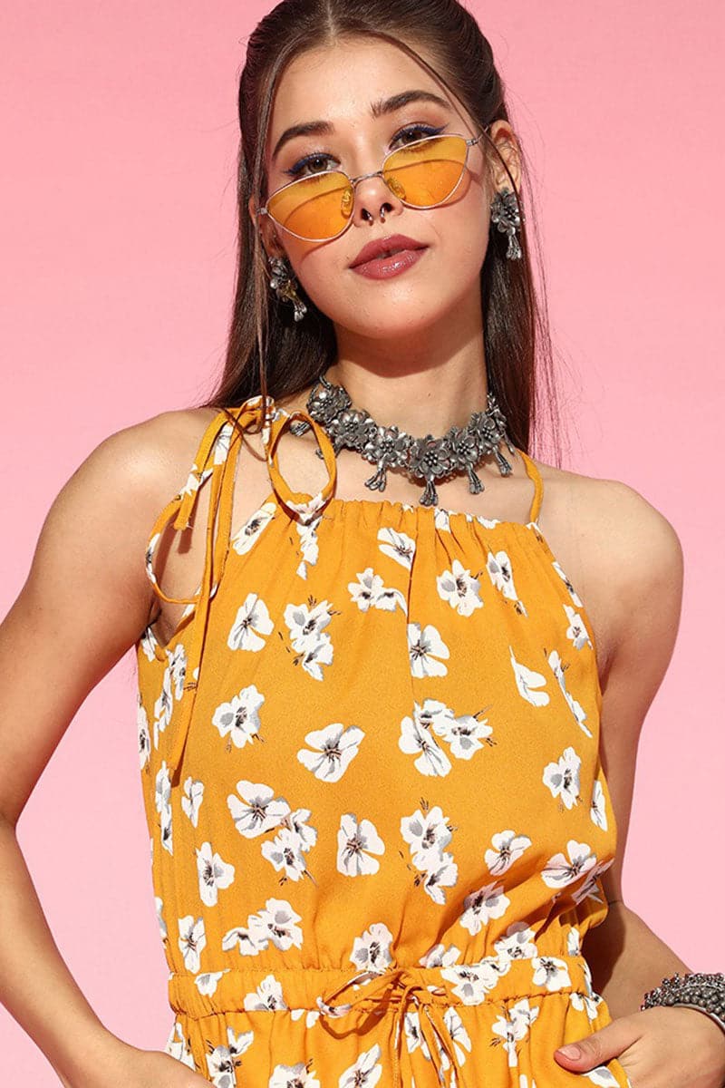Mustard Polyester Sleeveless Floral Print Jumpsuit VJMP1012 | DesiQlo