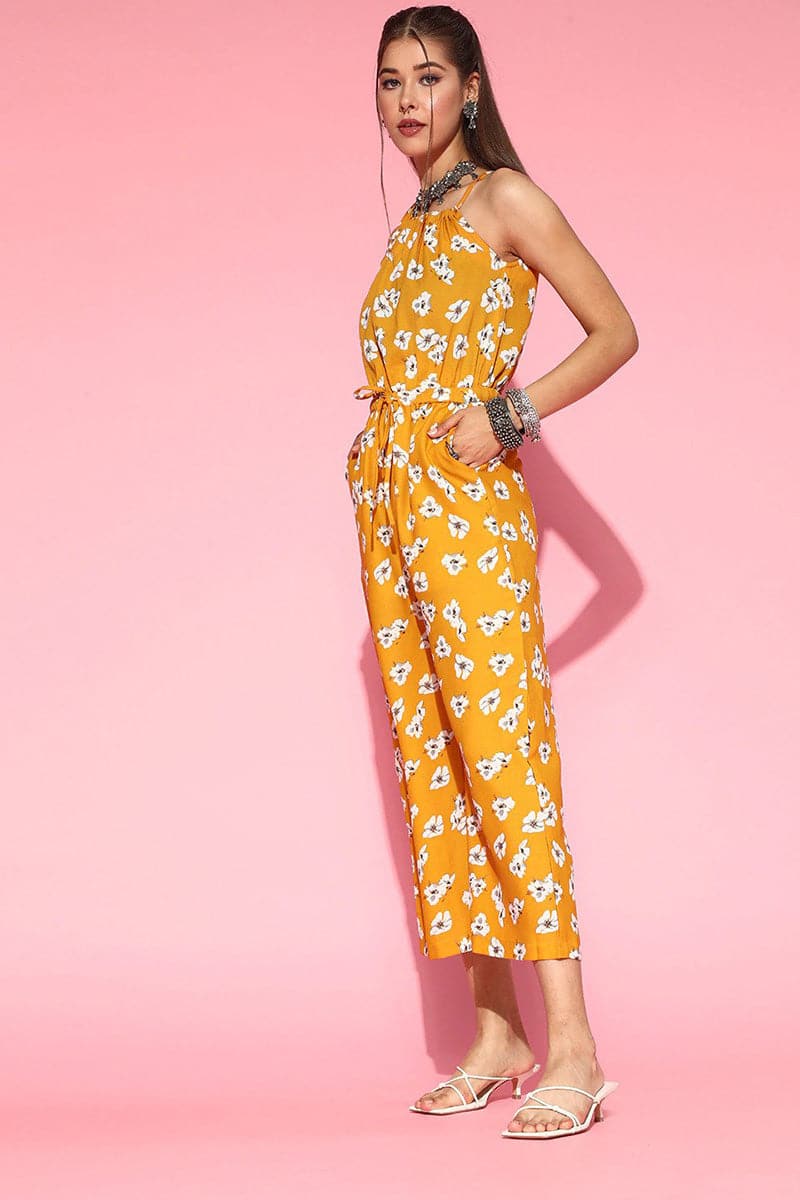 Mustard Polyester Sleeveless Floral Print Jumpsuit VJMP1012 | DesiQlo